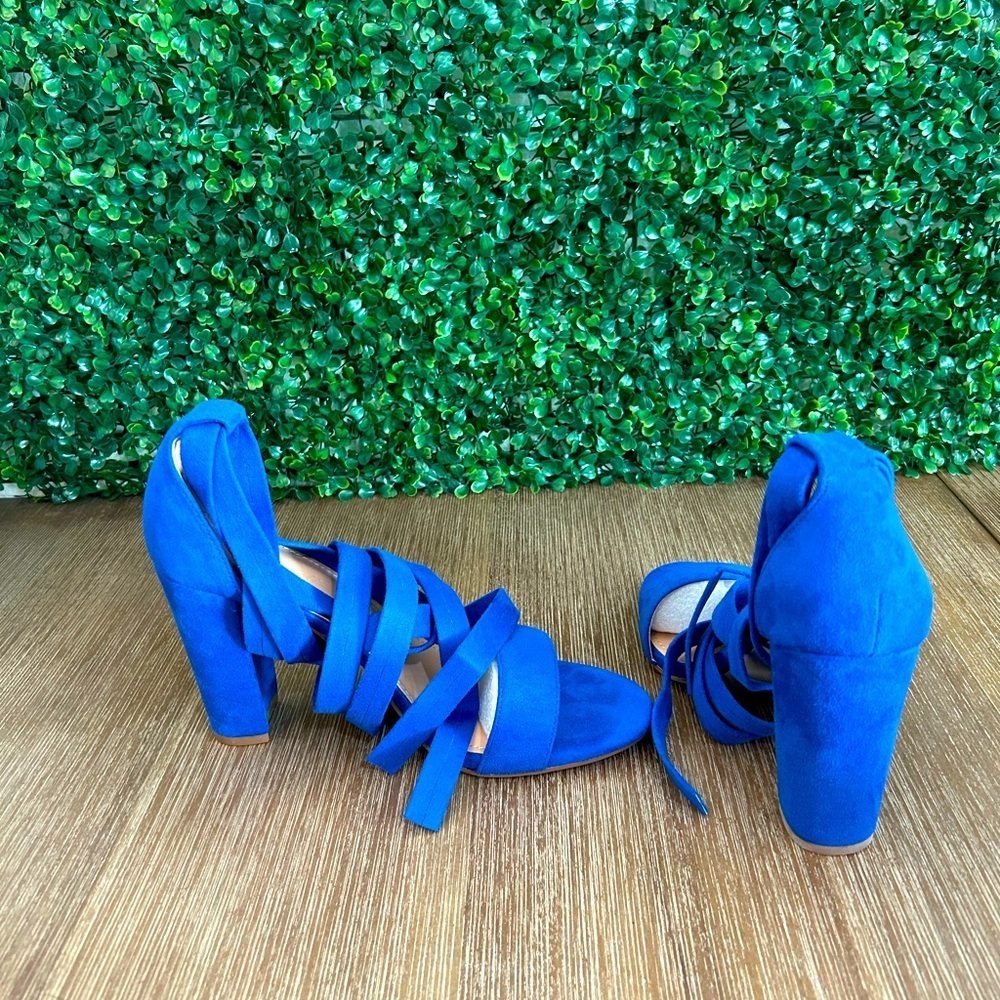 Bold Blue Lace-Up Block Heel Sandals Women’s 9 – Suede Strappy Party Shoes NEW - Picture 7 of 15